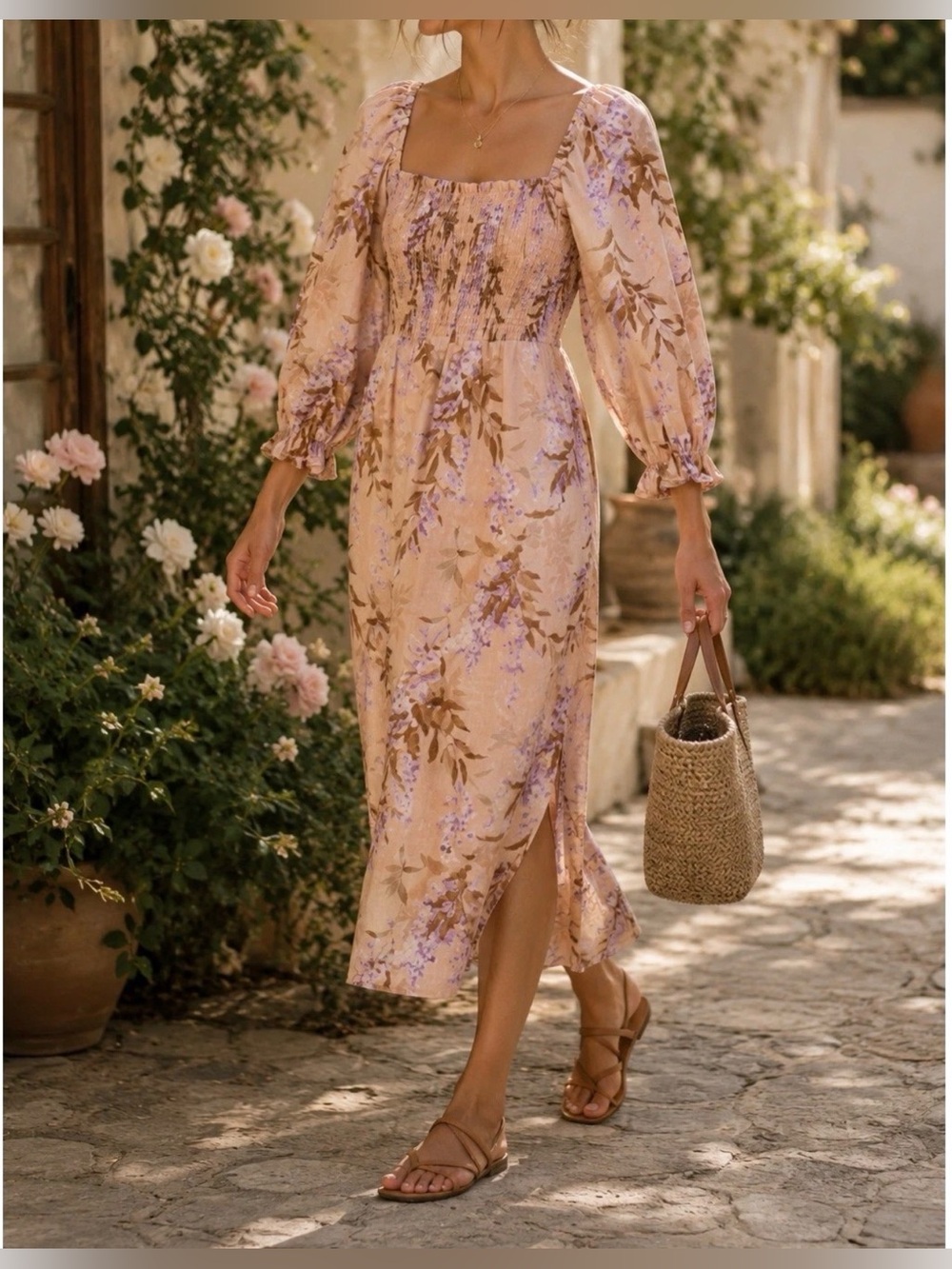 House of Harlow Blush Pink Midi Dress with Lilac Brown Botanical Print